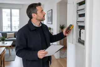 Diagnostiqueur immobilier inspectant le tableau électrique d’un appartement en location avec un multimètre et un rapport.